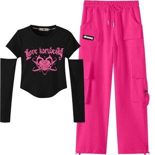 辣妹爵士舞运动套装女春秋小众设计感穿搭跳舞练功服工装裤一整套