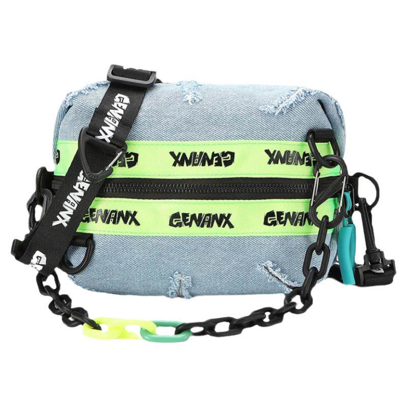 GENANX闪电潮牌异料拼色logo设计印花链条破洞线须牛仔布斜挎包