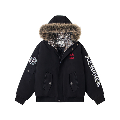 SREK冬季美式豹纹内里毛领连帽棉服男女宽松百搭派克服加厚外套