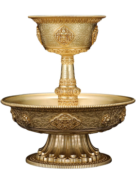 家用供具佛前圣水杯供水黄铜八吉祥高脚雕花丝护法杯民族供水杯
