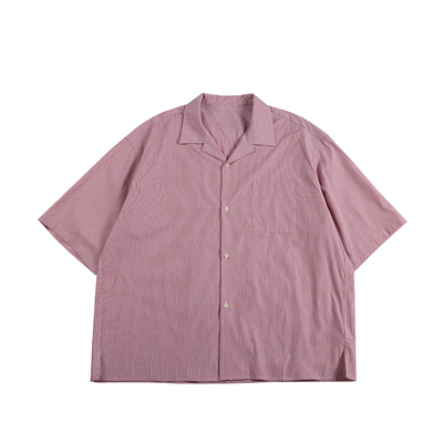 NOEARS夏季粉色条纹古巴领短袖衬衫日系复古痞帅叠穿设计感衬衣