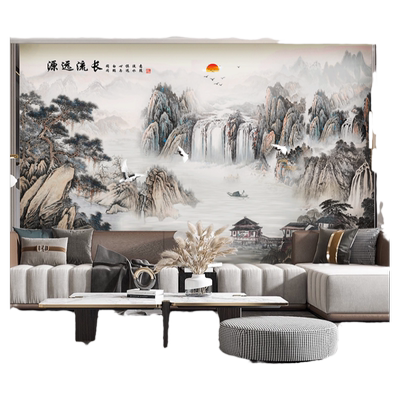 水墨山水画客厅背景墙中式壁画纸