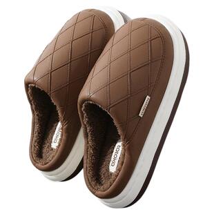 男士棉拖鞋家居室内冬季PU皮面防水厚底防滑加绒保暖毛绒拖鞋男款