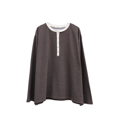 雨文她城条纹宽松亨利衫T恤女