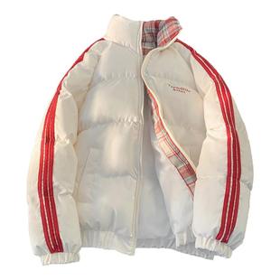 冬季棉服2025新款保暖加厚格子宽松大码棉衣男三条杠白条学生班服