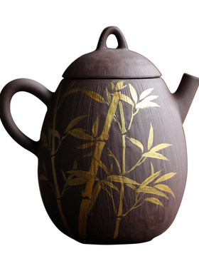 觅己紫泥手绘金竹茶壶女士泡茶壶家用陶瓷复古龙蛋壶单壶功夫茶具