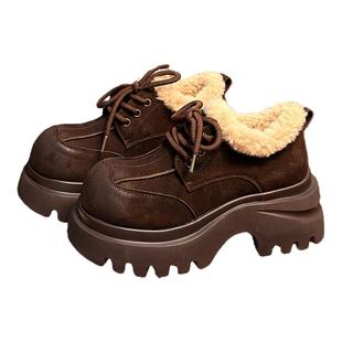 复古真皮松糕厚底小皮鞋女英伦风圆头德比鞋小个子增高加绒乐福鞋