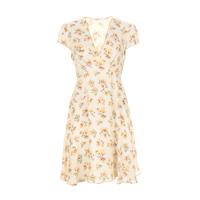 黄色法式复古短款真丝连衣裙