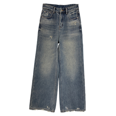 韩系浅蓝厚绒腰带阔腿牛仔裤女