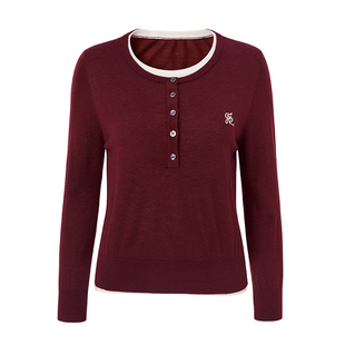 恩瑞妮复古假两件针织衫女红色纽扣毛衣学院风百搭上衣2026春新