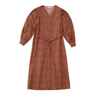 【100%棉】阁兰秀红色印花连衣裙长袖V领系带收腰显瘦碎花衬衫裙