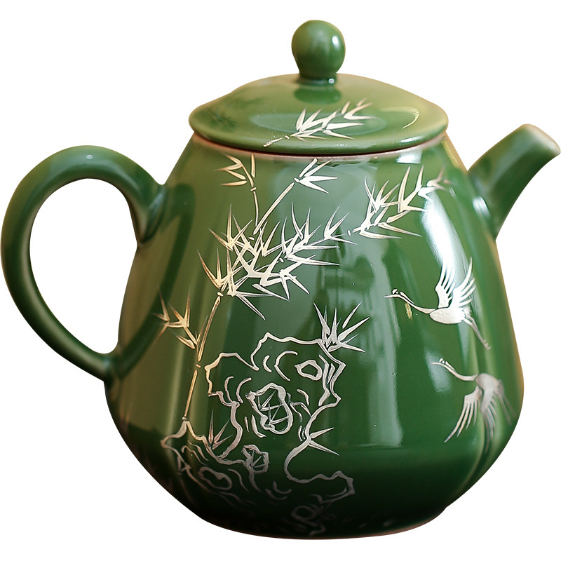 皓澜庭手绘鎏银竹鹤茶壶陶瓷茶器