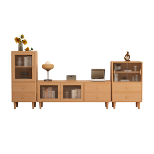实木茶几电视机柜边柜组合小户型客厅家用原木风落地收纳储物一体