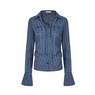 ASTRSK韩系古早学院风褶皱收腰V领衬衣miu系格纹显瘦长袖衬衫上衣