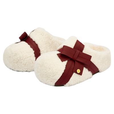 SMILEY笑脸白冬季女蝴蝶结穆勒拖