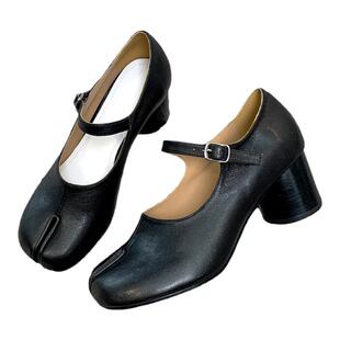 【双子座】2025春新款猪蹄tabi高跟分趾鞋女羊皮浅口粗跟玛丽珍鞋