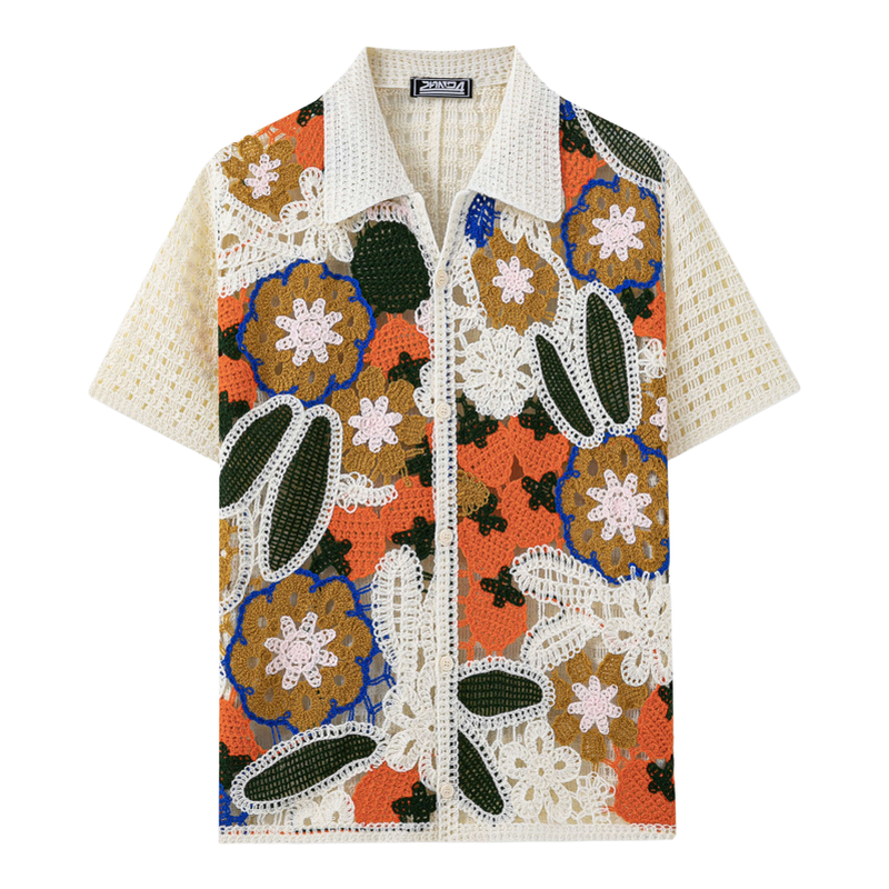 春夏欧美男士钩花撞色短袖衬衫大码镂空透视开衫上衣Men's shirt
