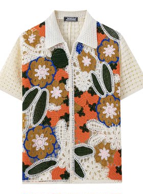 春夏欧美男士钩花撞色短袖衬衫大码镂空透视开衫上衣Men's shirt