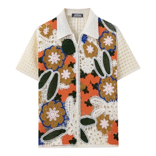 春夏欧美男士钩花撞色短袖衬衫大码镂空透视开衫上衣Men's shirt