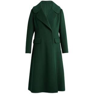 LANDI收腰中长款毛呢外套女新款深绿色冬季大翻领修身羊毛大衣