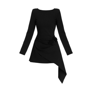 VOCK 夜幕浅奏 高级感黑色年会战袍气质长袖收腰短款不规则连衣裙