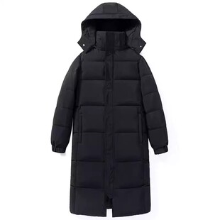 大码长款过膝中戏黑色连帽棉服女2025新款韩版宽松情侣面包服外套