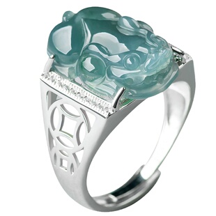 s925银镶嵌纯天然a货翡翠蓝水貔貅玉石男女款可调节情侣时尚戒指