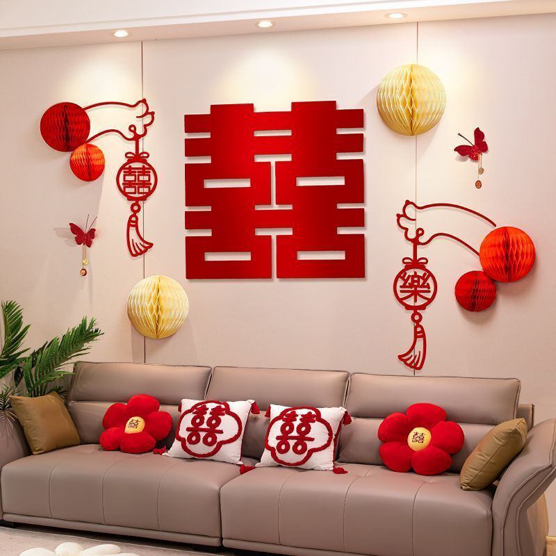 电视墙婚礼装饰婚房布置纸花客厅褶皱一整套沙发花新房拉装背景墙