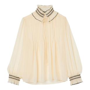 SANDRO秋冬女装法式气质时尚木耳边灯笼袖系带花边立领衬衫上衣