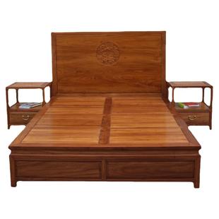 中式榫卯结构纯全实木原木老榆木床一米五的实木床储物带抽屉大床