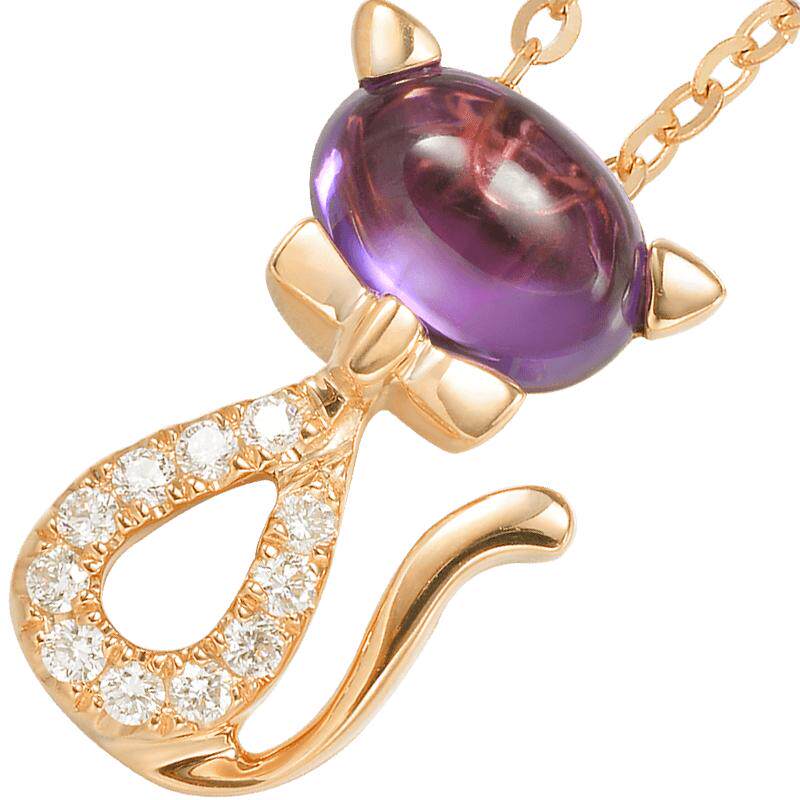 周生生18K金玫瑰金紫晶小猫彩金项链女83611N