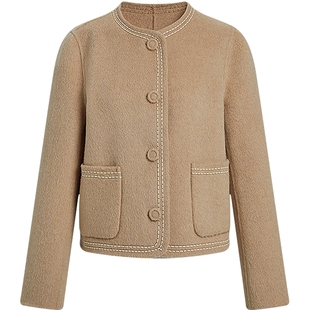 KBNE学院短款圆领撞色呢子外套女2025冬季新款卡其色富家千金大衣