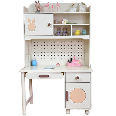 奶油风全实木儿童书桌书架一体