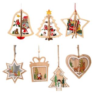 圣诞节装饰品 镂空圣诞树小挂件木质五角星铃铛挂件 橱窗布置挂饰