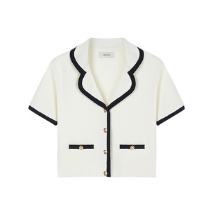 陈妍希同款CRUSH Collection早春新款拼色边翻领短袖V领衬衫上衣