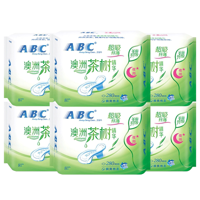 abc卫生巾茶树夜用280mm轻薄透气抑菌亲肤女士整箱正品官方旗舰店