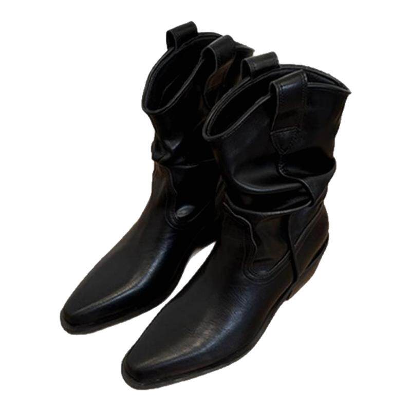 牛皮版~真皮显瘦尖头粗跟短靴女秋冬新款堆堆靴西部牛仔靴马丁靴