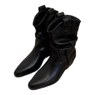 牛皮版~真皮显瘦尖头粗跟短靴女秋冬新款堆堆靴西部牛仔靴马丁靴