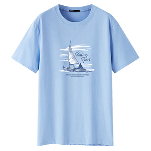 TEEK浅蓝色t恤男2026新款短袖 夏季重磅帆船印花大学生国潮体恤衫