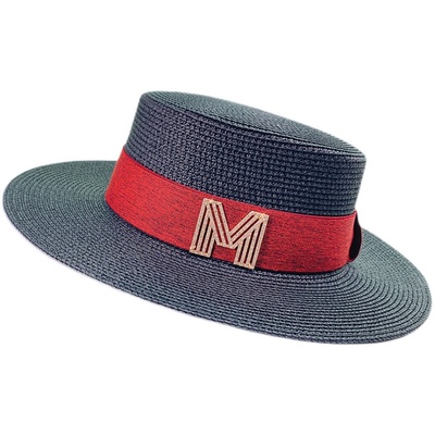 英伦平顶沙滩防晒宽檐m标草帽