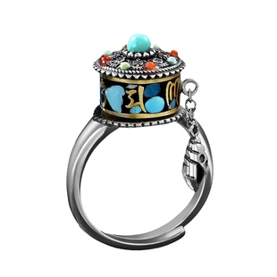 高档925银六字真言转动戒指纯银男士本命年绿松石食指女复古指环