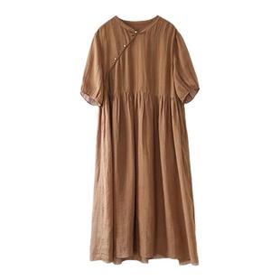 2025春夏100%苎麻宽皱肌理感新中式V领轻盈通透仙气文艺连衣裙