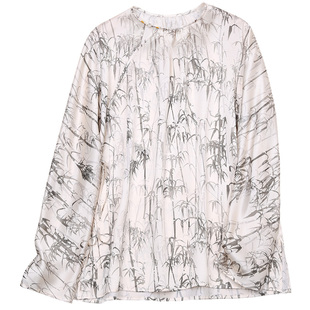 真丝素缎竹叶夏女士上衣新中式复古斜襟改良衬衫圆领宽松显瘦唐装