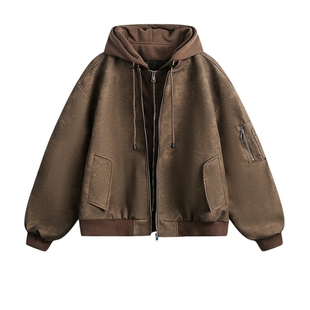 悟空有货美拉德假两件pu皮飞行夹克男美式高街痞帅机车服连帽外套