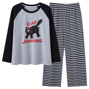 春秋季睡衣女款纯棉长袖套头2026新款宽松条纹卡通学生家居服套装