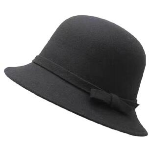 留洋千金感黑色毛呢礼帽法式赫本风复古优雅气质渔夫帽小香风盆帽