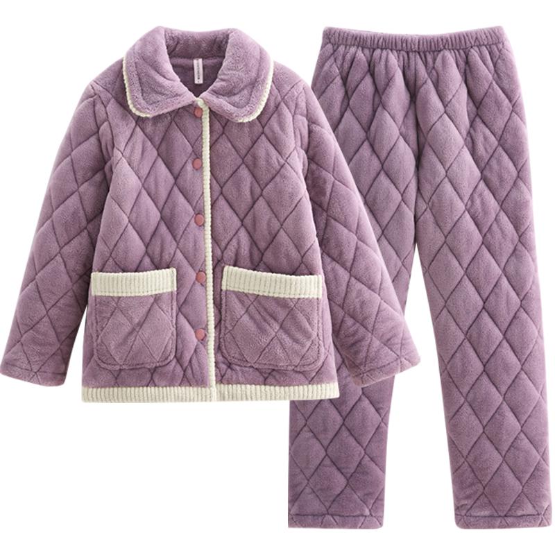 芬腾冬季情侣睡衣女珊瑚绒夹棉三层加厚加绒保暖男士法兰绒家居服