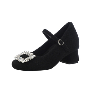 内增高玛丽珍鞋水钻黑色加绒单鞋女2025秋冬晚晚风毛毛鞋女冬外穿