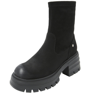 康莉厚底短靴女秋冬粗跟袜靴绒面增高小个子弹力瘦瘦靴女士长筒靴