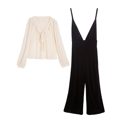 Huangzuozuo佐佐家小个子法式衬衫V领背带裤气质套装秋季女两件套